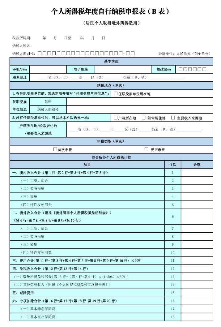 2021个税汇算申报表模板(b表)