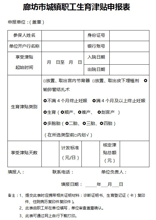 廊坊市城镇职工生育保险津贴申报表模板附下载入口