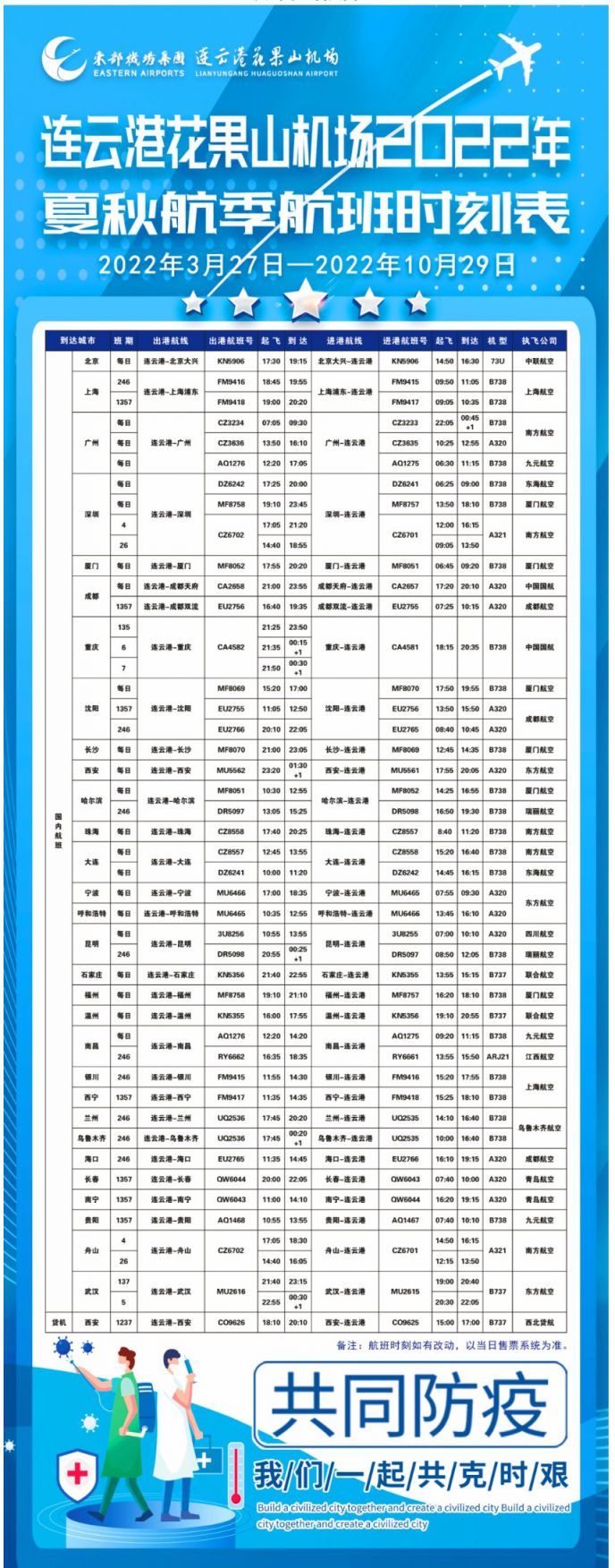 2022年连云港花果山机场夏航季航班时刻表