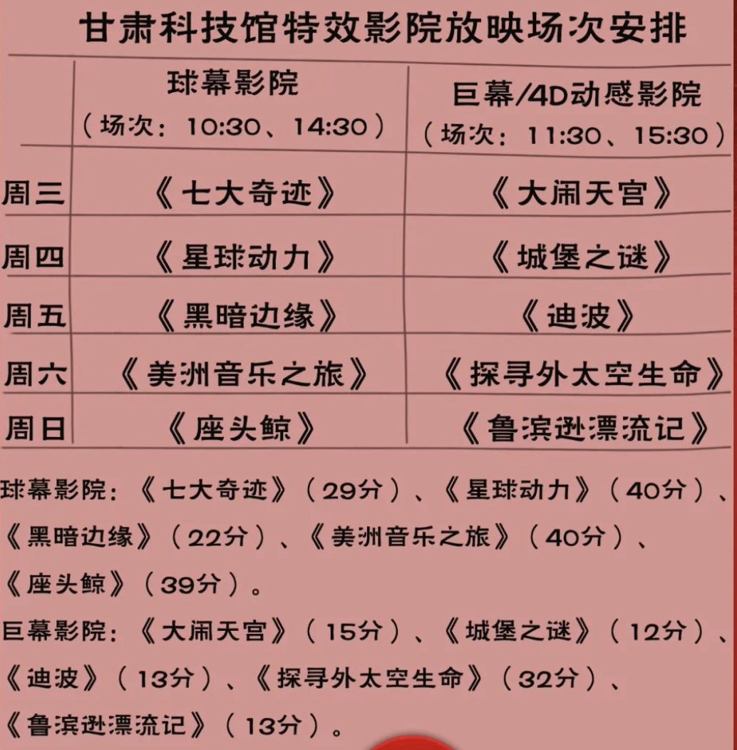 2021甘肃科技馆特效影院放映场次安排