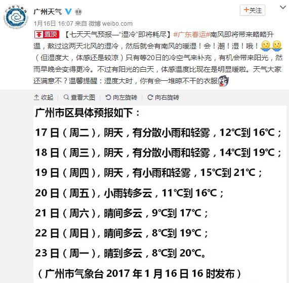 2017年1月17日广州天气预报:阴天 有分散小雨