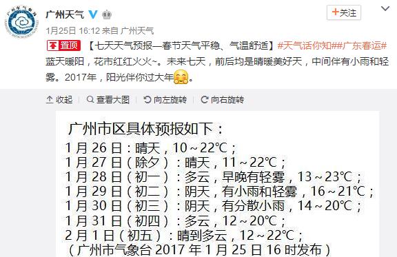 2017年1月26日广州天气预报:晴天 最高气温23