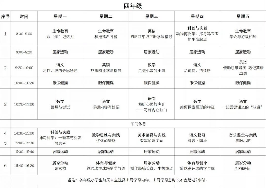 茂名粤课堂小学四年级课程表(4月13日~4月17日)