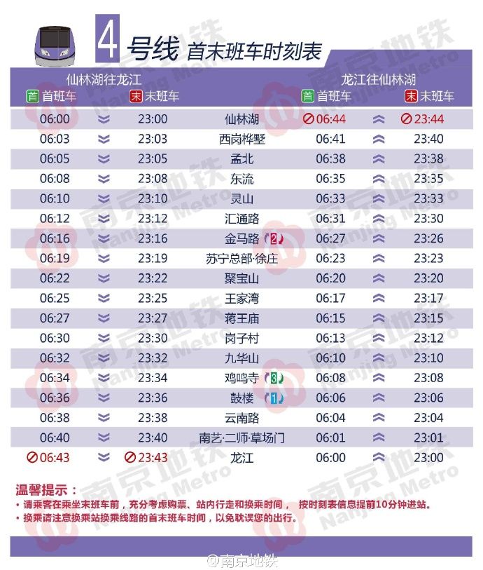 南京地铁4号线首末班车时刻表