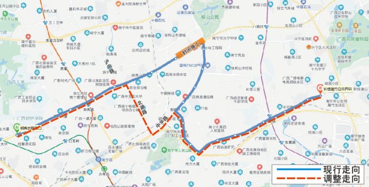 6月19日起南宁明秀东路北侧道路封闭施工6条公交线路有调整