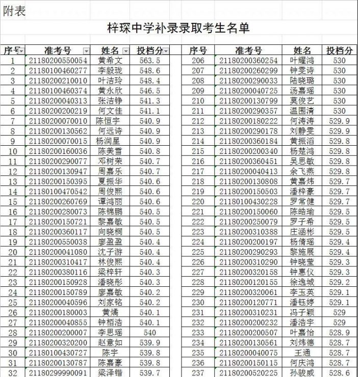 2021清远梓琛中学补录考生名单