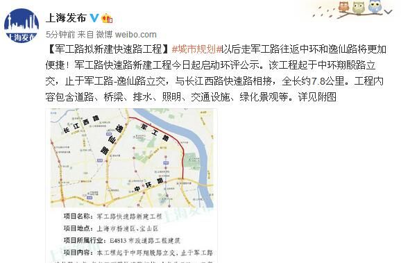 上海军工路拟新建快速路工程 长江西路快速路相接