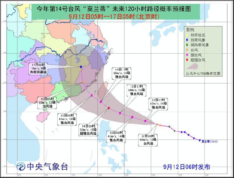 2016年第14号台风莫兰蒂最新消息及路径图(实