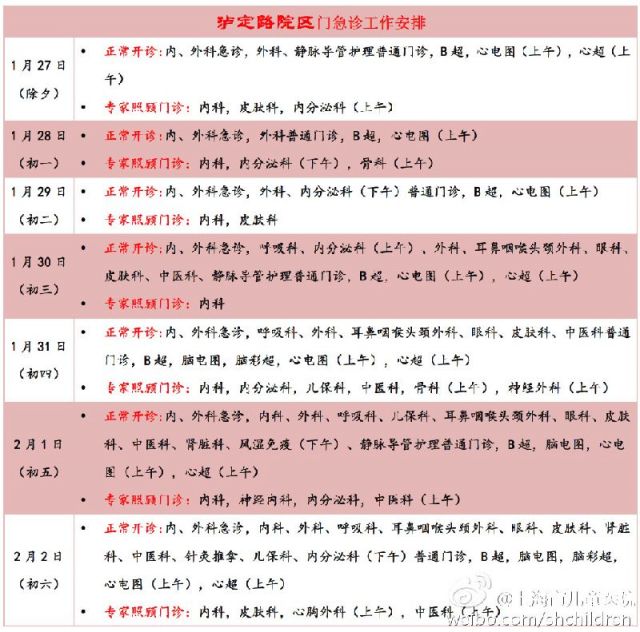 2017春节上海儿童医院放假安排时间表公布