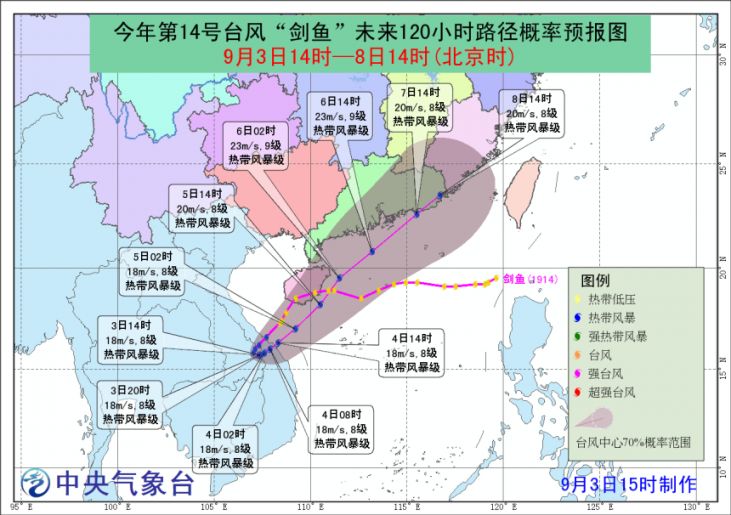 2019年第14号台风剑鱼最新消息(当前位置+路径图)