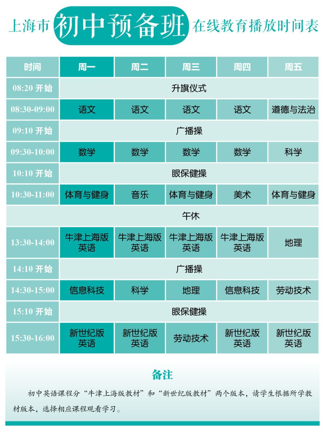 2020上海中小学各年级在线教育时间表公布