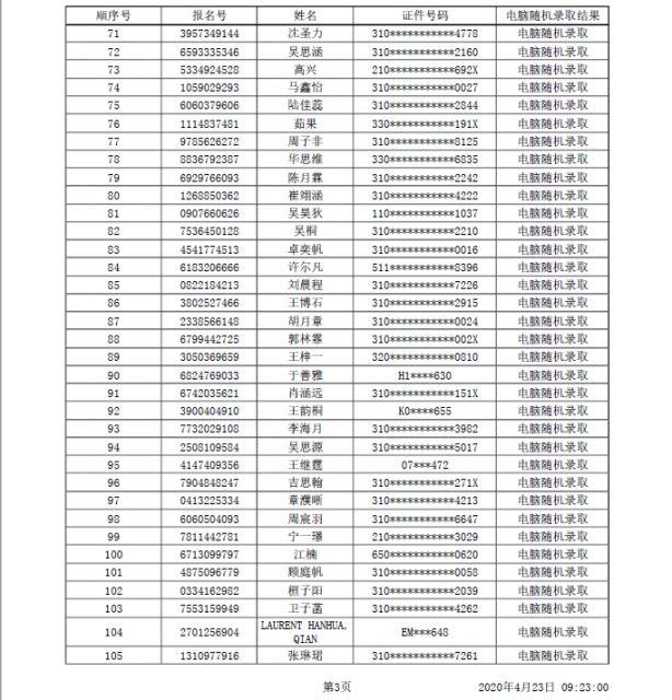 2020上海闵行区民办一贯制学校直升摇号结果公布