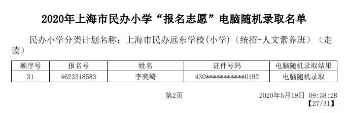 2020上海嘉定区民办小学初中摇号结果