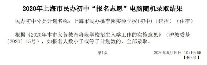 2020上海嘉定区民办小学初中摇号结果