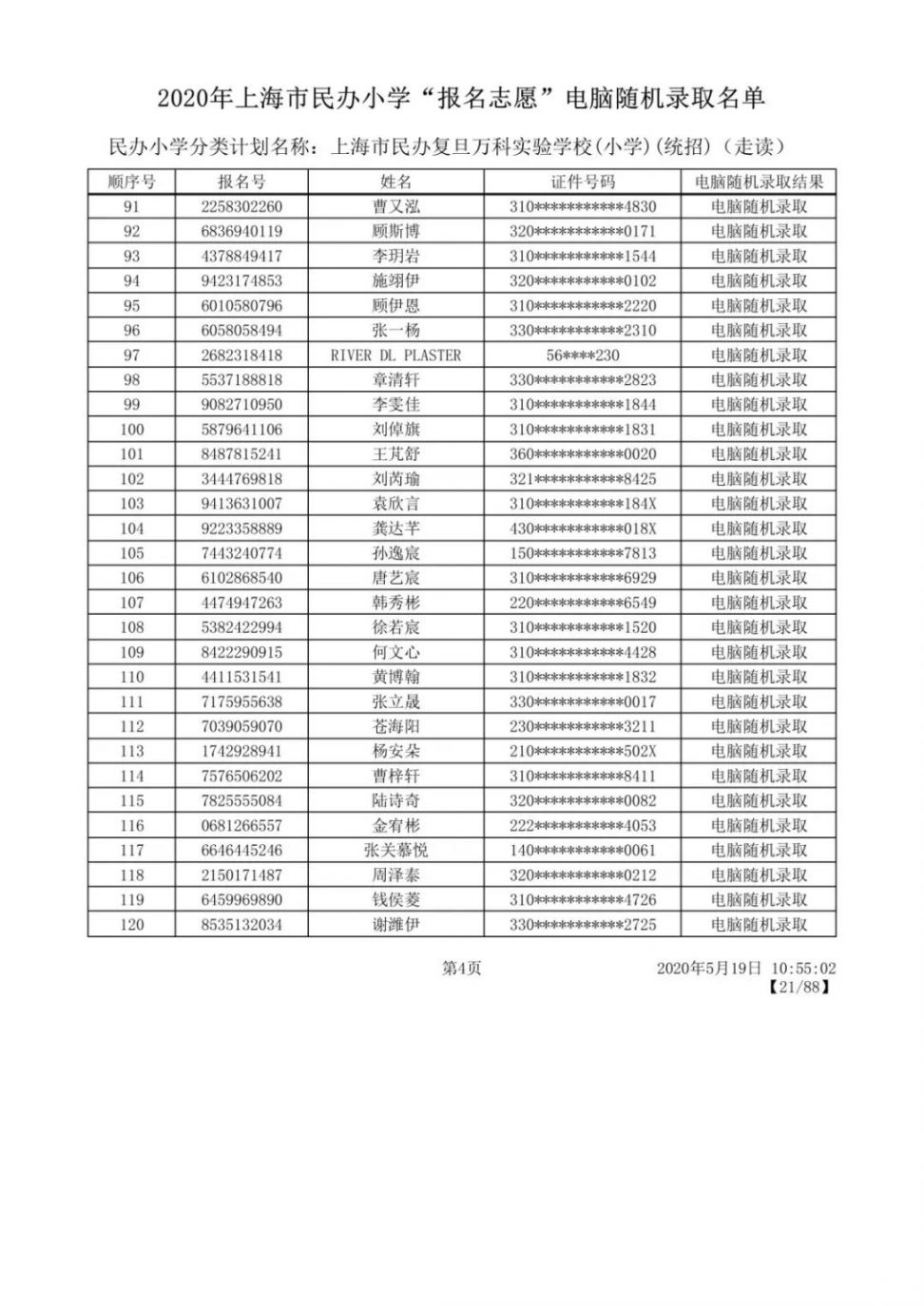 2020上海闵行区民办小学摇号录取结果公布 附名单