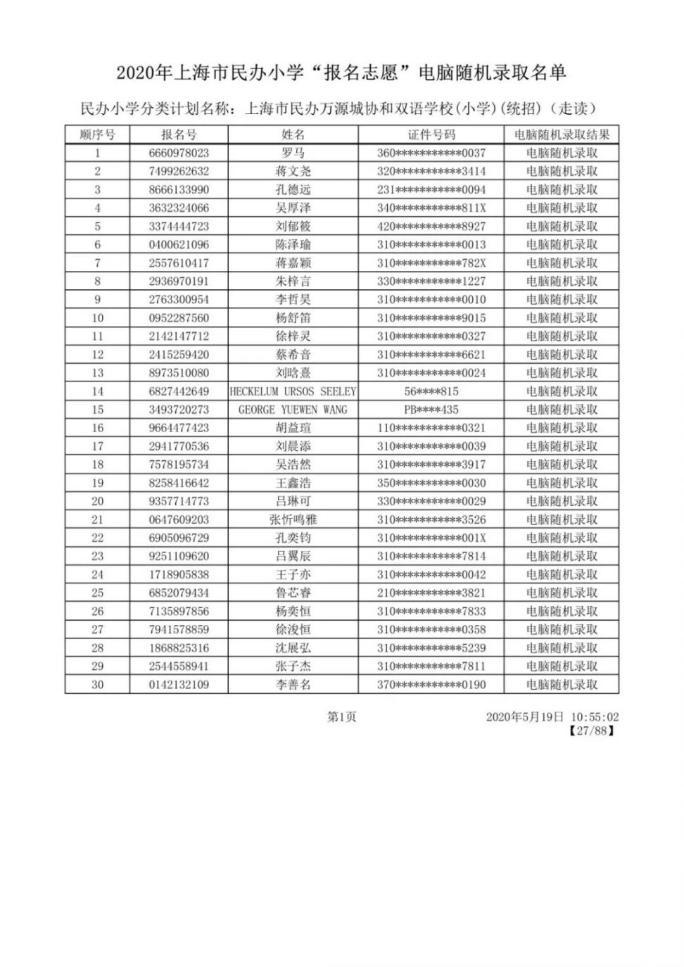 2020上海闵行区民办小学摇号录取结果公布 附名单