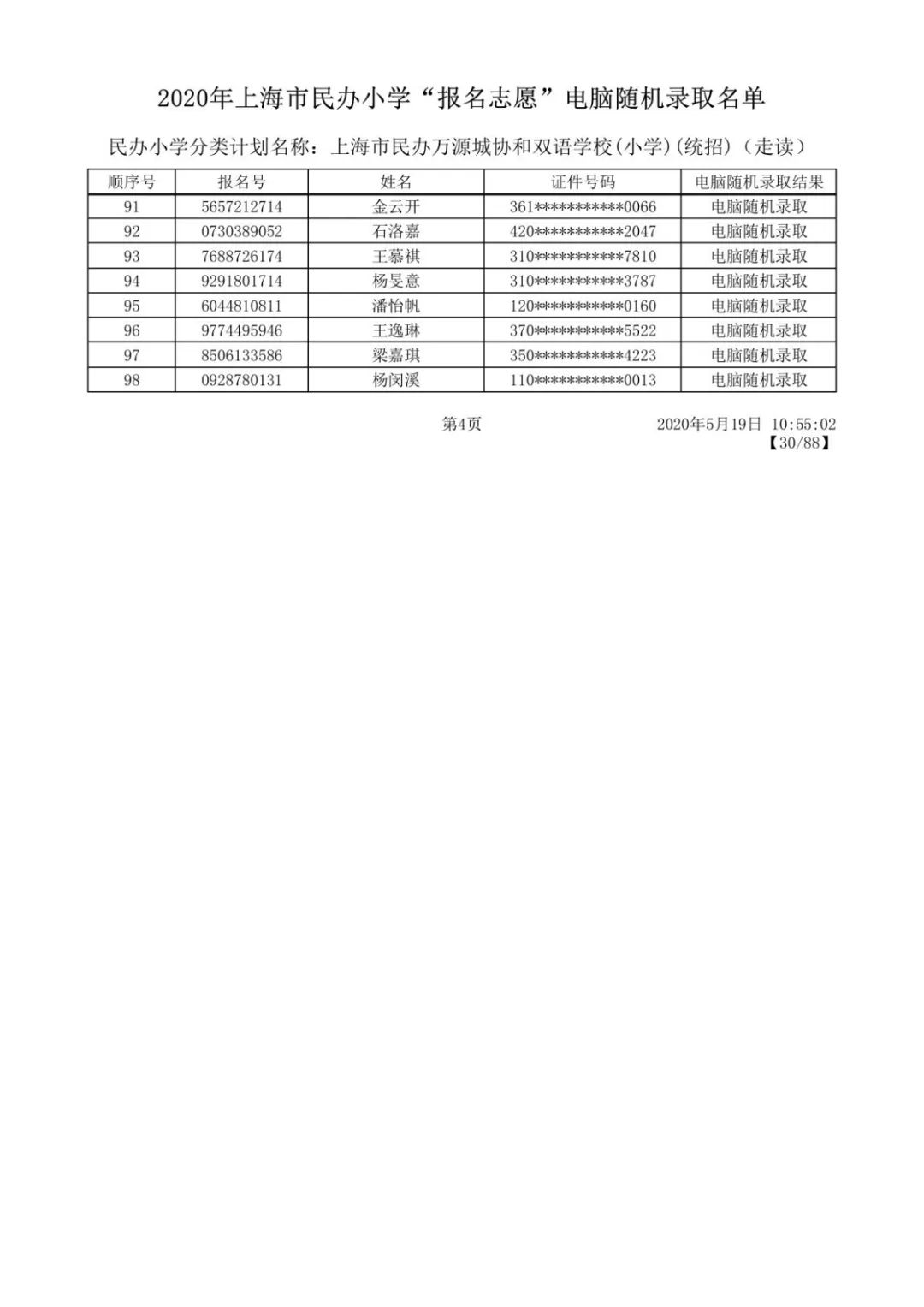 2020上海闵行区民办小学摇号录取结果公布 附名单