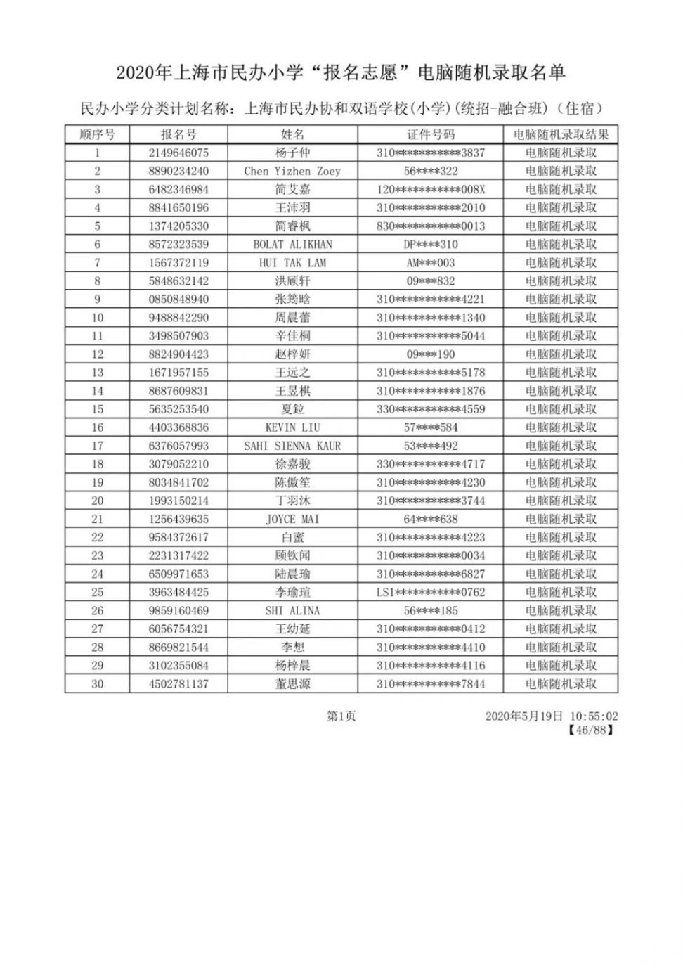 2020上海闵行区民办小学摇号录取结果公布 附名单