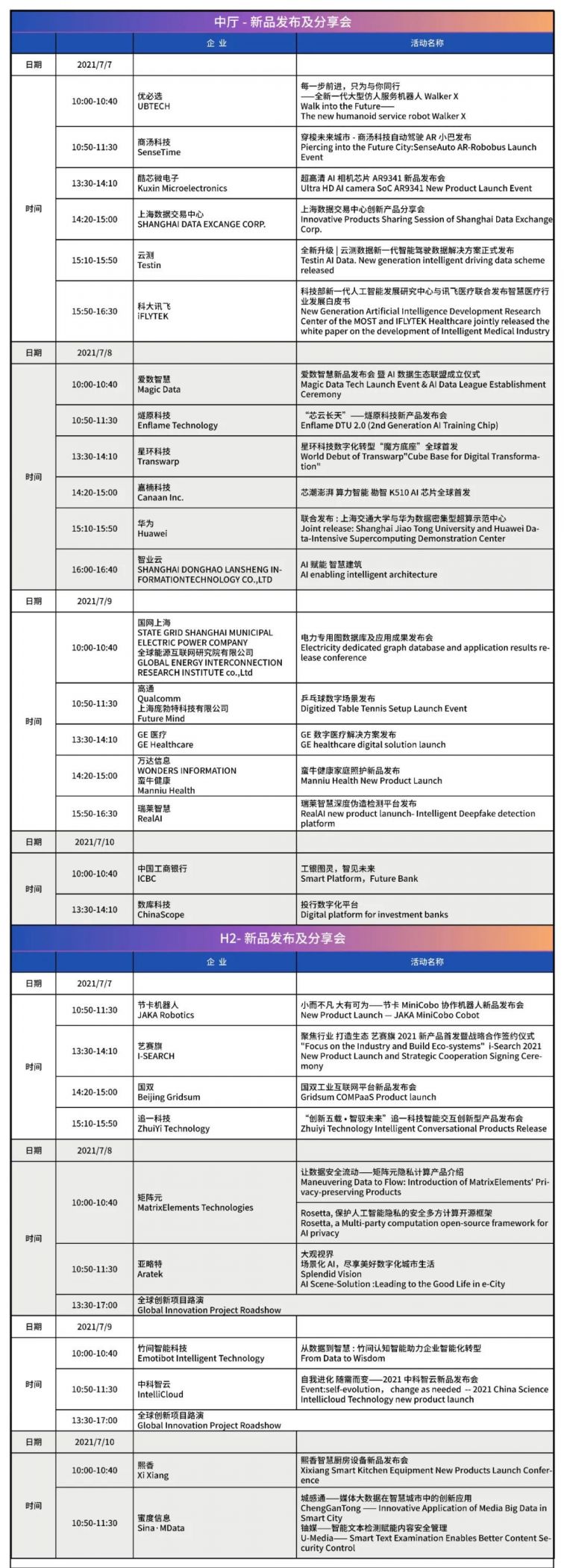 2021世界人工智能大会新品发布会时间表