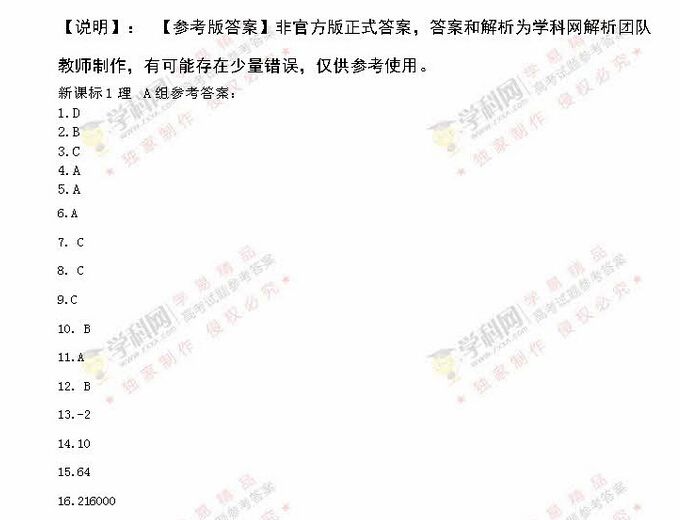 2016年高考理科数学试题答案(全国卷一)- 苏州