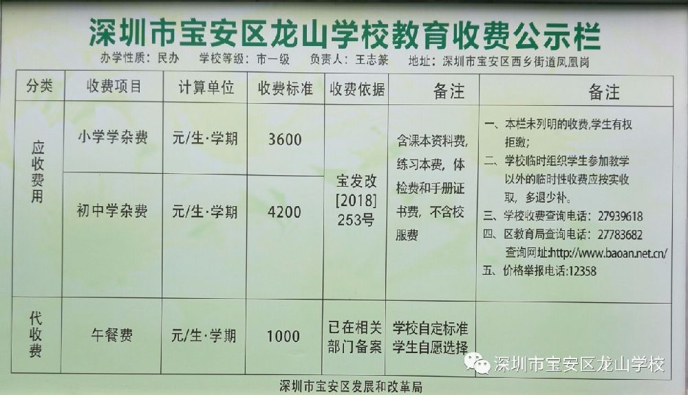 宝安区龙山学校学费贵吗?多少钱一学期?午餐费呢?
