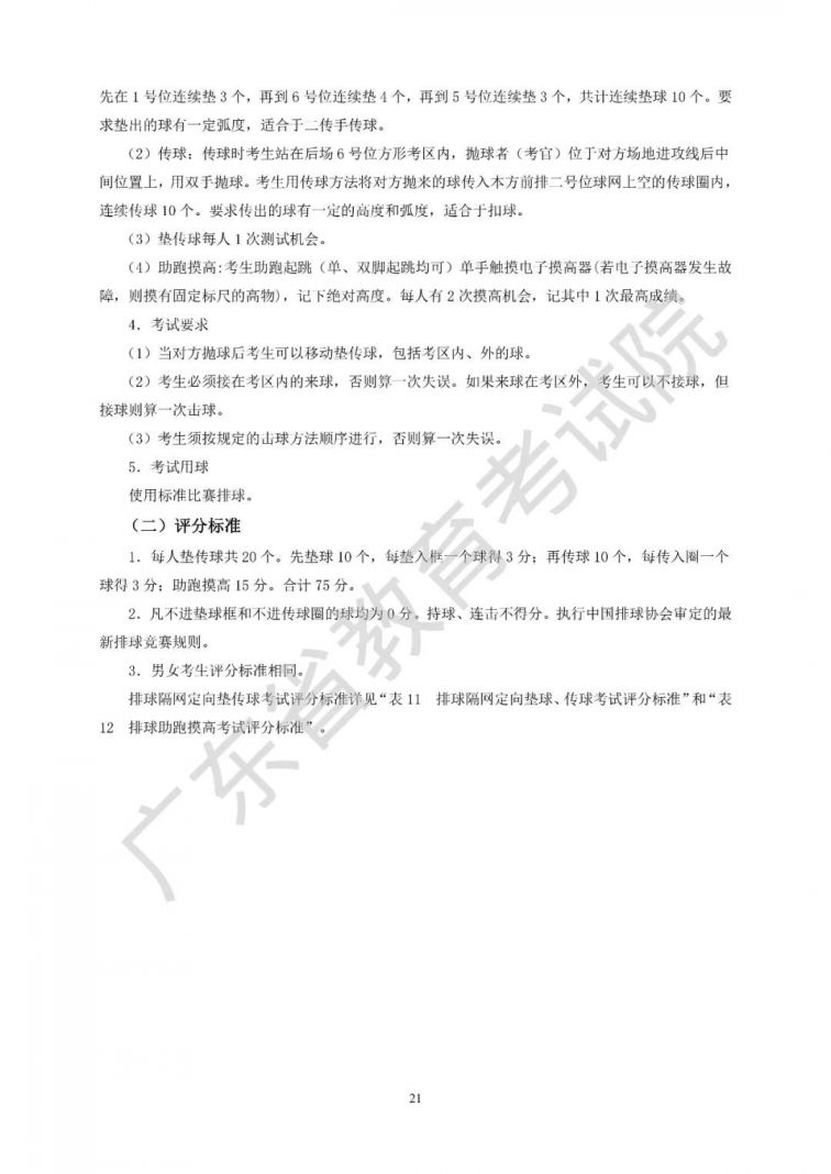 广东省2021年普通高等学校招生统一考试体育术科考试说明