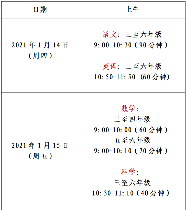 福田区中小学2020年秋季学期期末考试科目及时间安排出炉