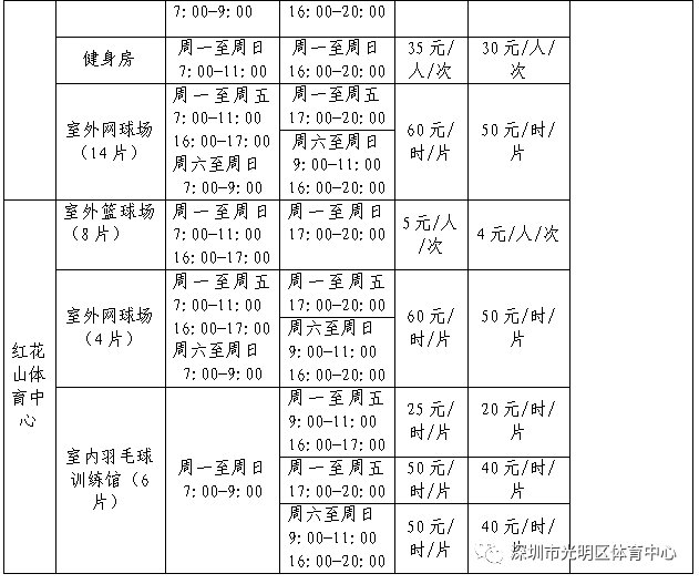2020年深圳光明体育中心场馆收费标准