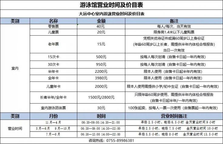 2023深圳大运中心游泳馆价格