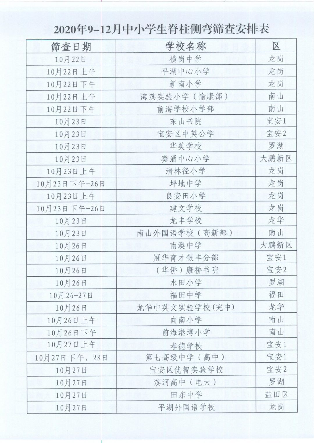 2020年深圳中小学生脊柱侧弯筛查时间安排表（各学校）