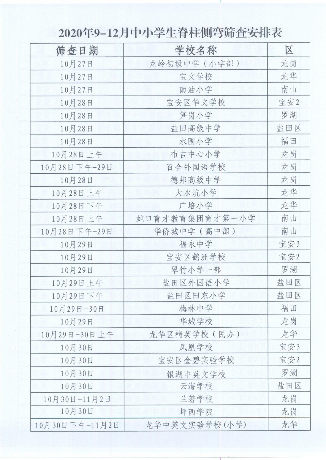 2020年深圳中小学生脊柱侧弯筛查时间安排表（各学校）