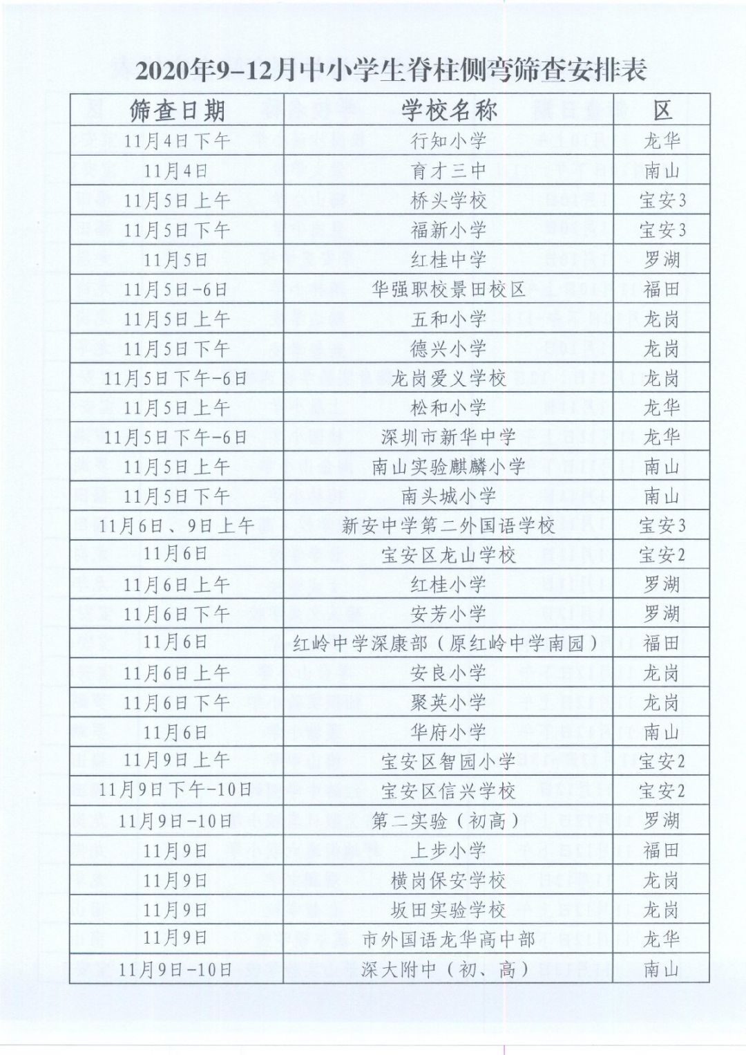 2020年深圳中小学生脊柱侧弯筛查时间安排表（各学校）