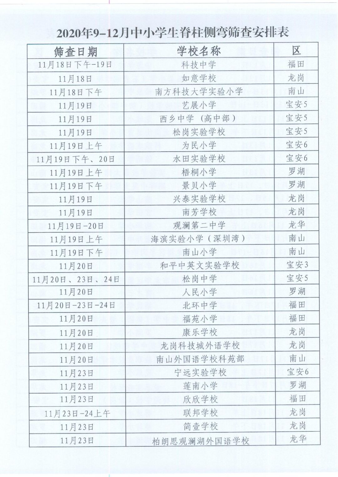 2020年深圳中小学生脊柱侧弯筛查时间安排表（各学校）