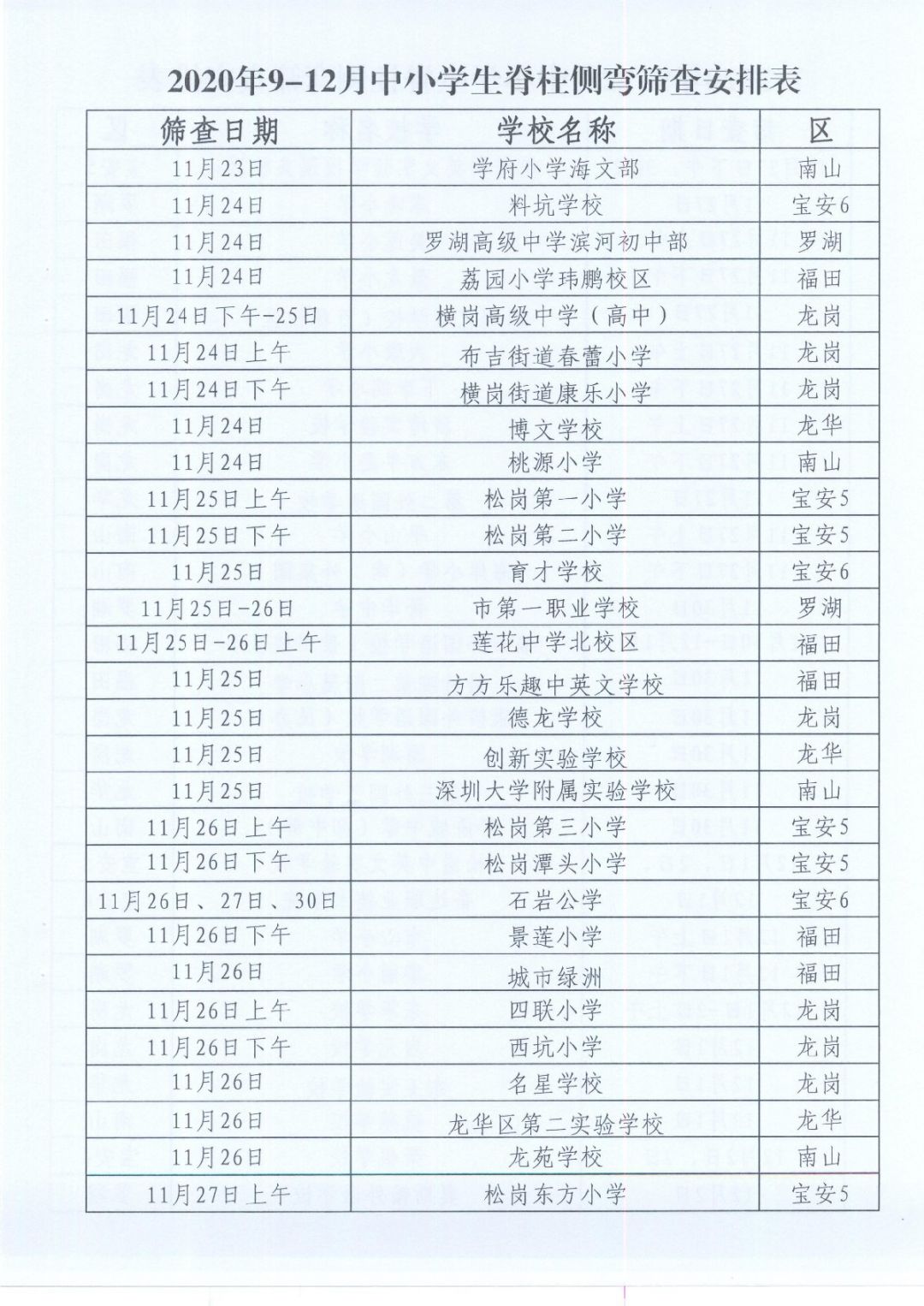 2020年深圳中小学生脊柱侧弯筛查时间安排表（各学校）