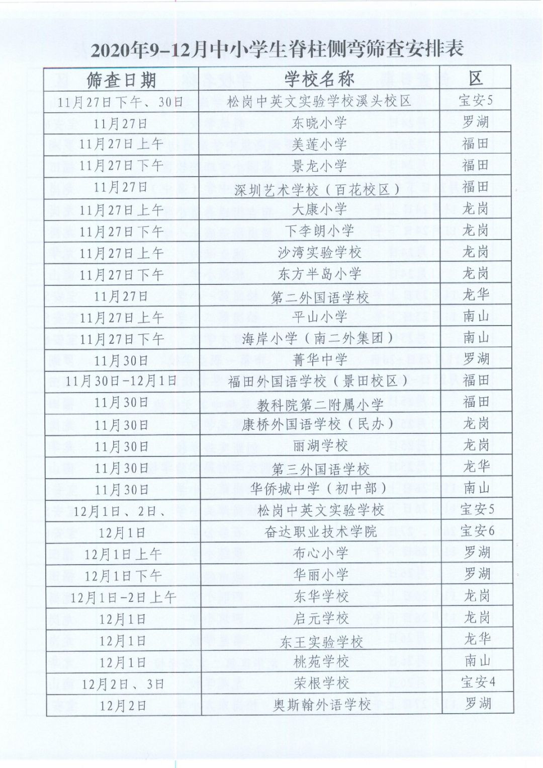 2020年深圳中小学生脊柱侧弯筛查时间安排表（各学校）