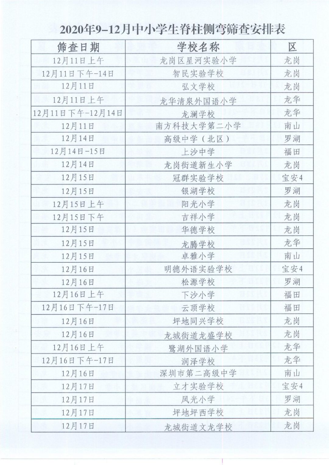 2020年深圳中小学生脊柱侧弯筛查时间安排表（各学校）