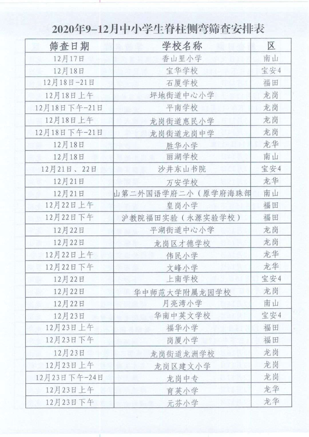 2020年深圳中小学生脊柱侧弯筛查时间安排表（各学校）