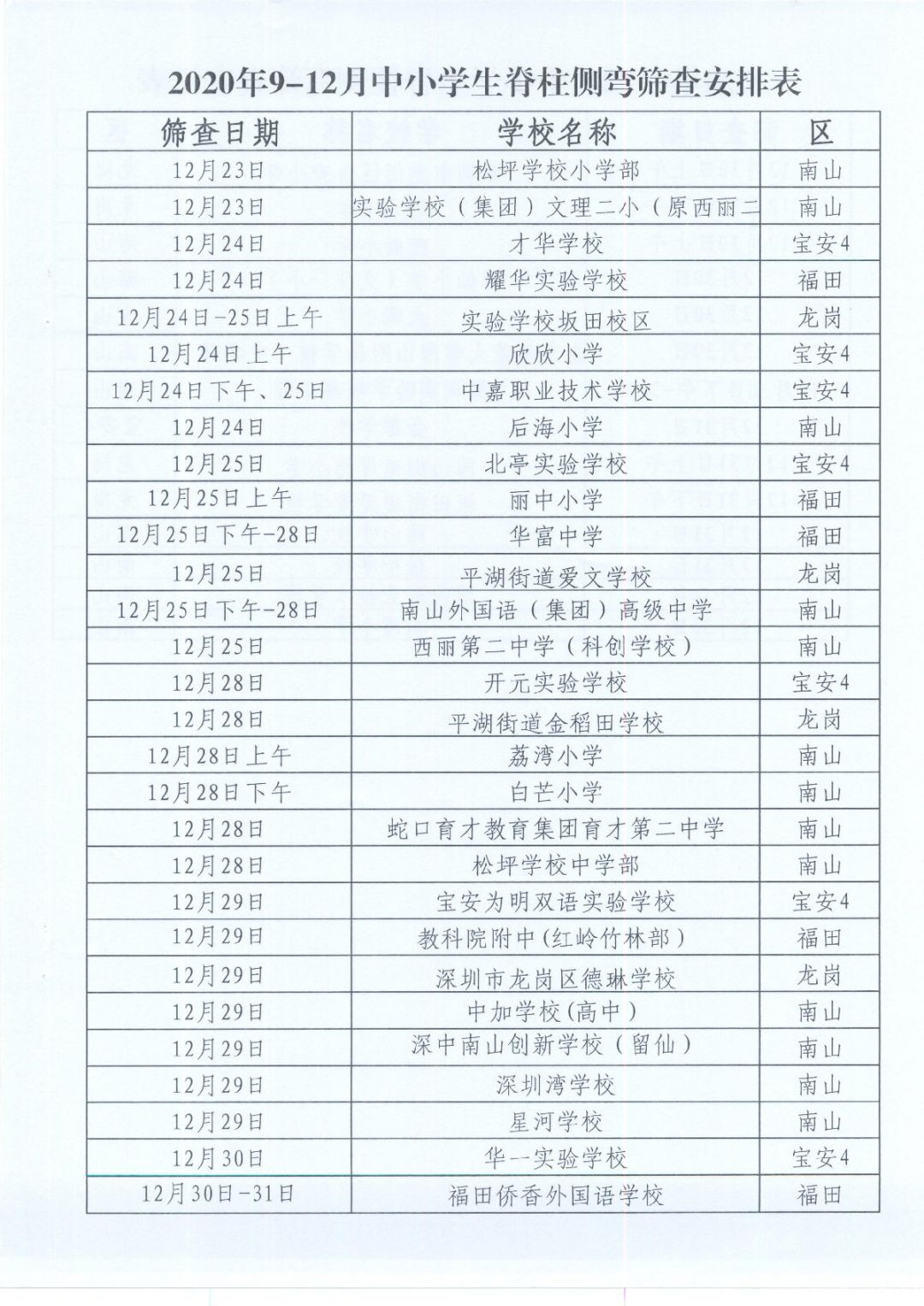 2020年深圳中小学生脊柱侧弯筛查时间安排表（各学校）