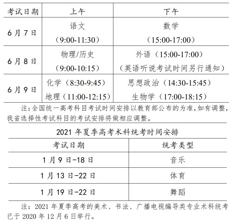 2021年广东高考时间一览表（附各科考试安排）