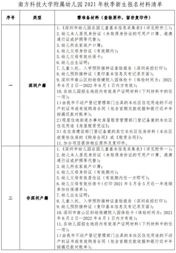 南山区南方科技大学附属幼儿园2021年秋季学期招生方案