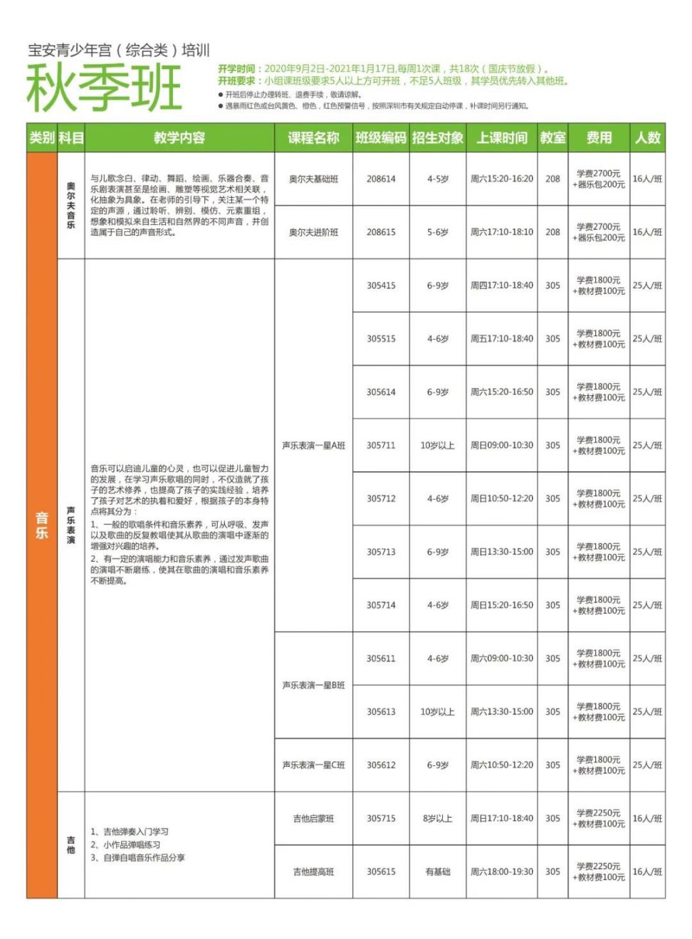 宝安青少年宫2020年秋季班课程表及报名方式