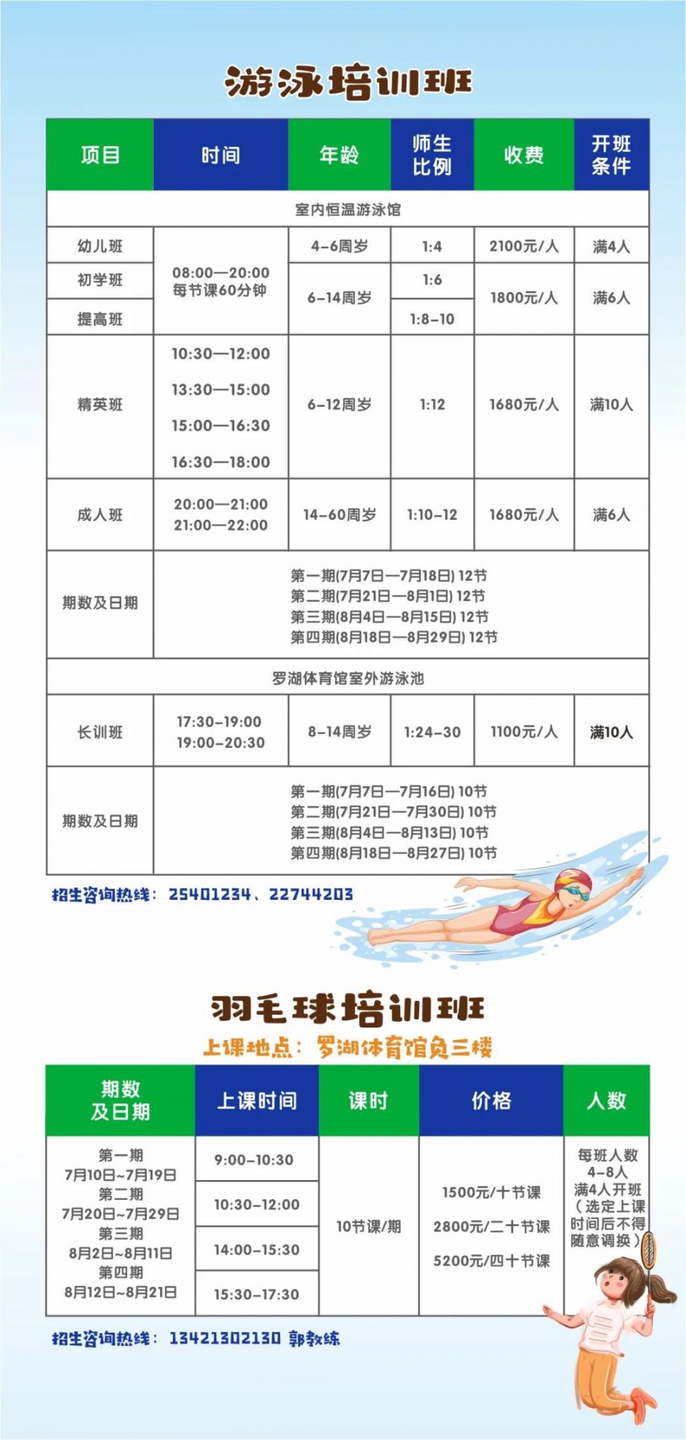 2021深圳罗湖体育中心暑假培训班项目课程表、费用及报名
