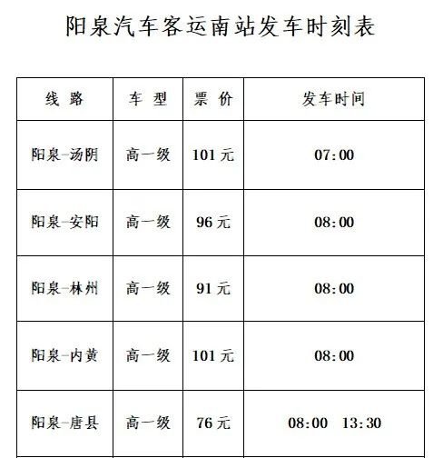 阳泉汽车客运南站发车时刻表