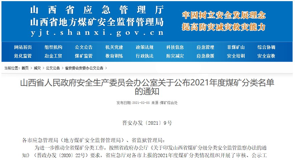 山西省2021年度煤矿分类名单的通知