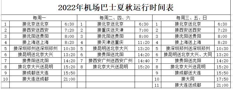 2022吕梁机场巴士夏秋运行时间表