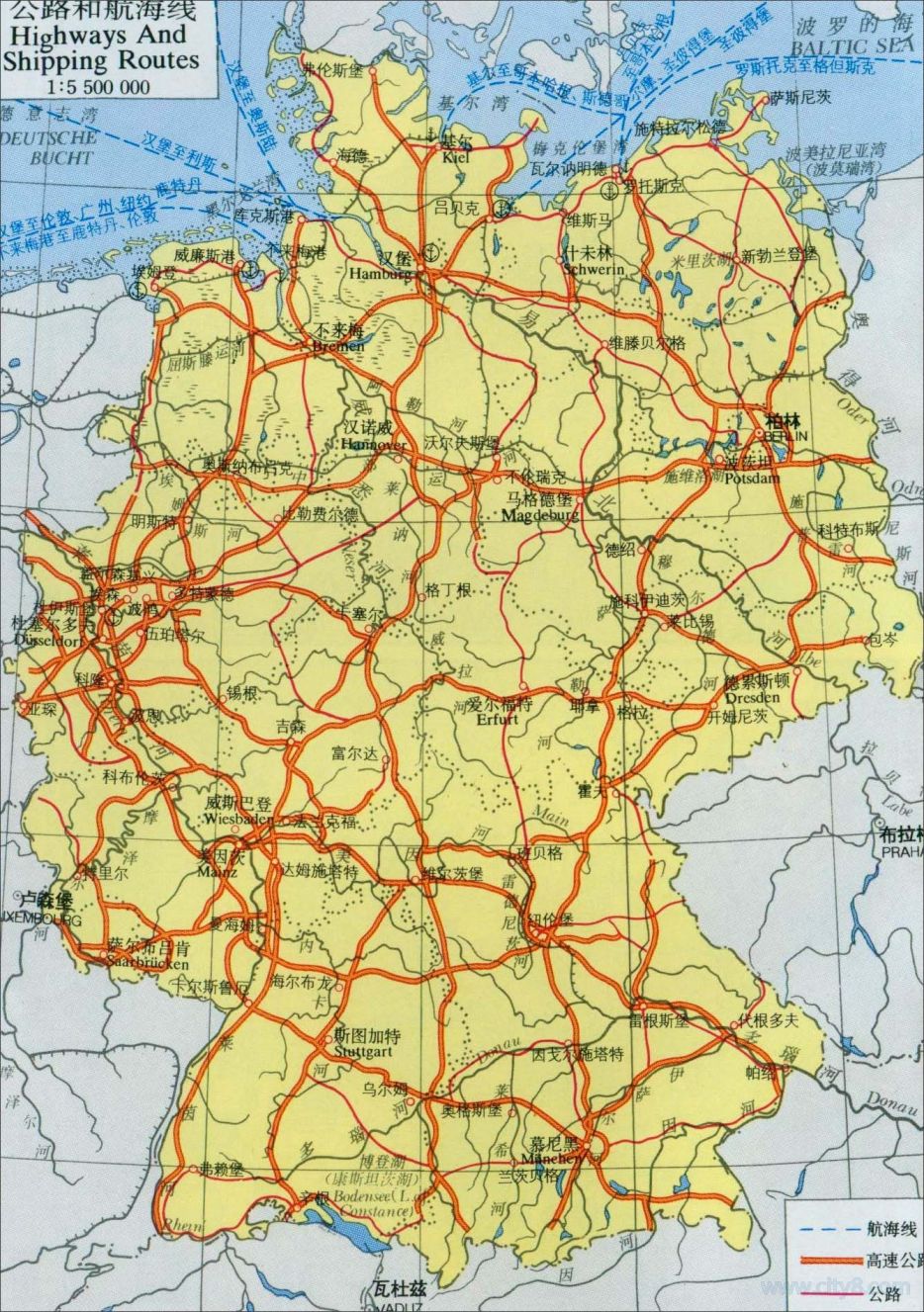 德国公路和航海线路图高清版图片