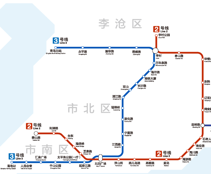 线路图青岛地铁3号线共有22站,名称分别是:青岛北站,永平路站,君峰路