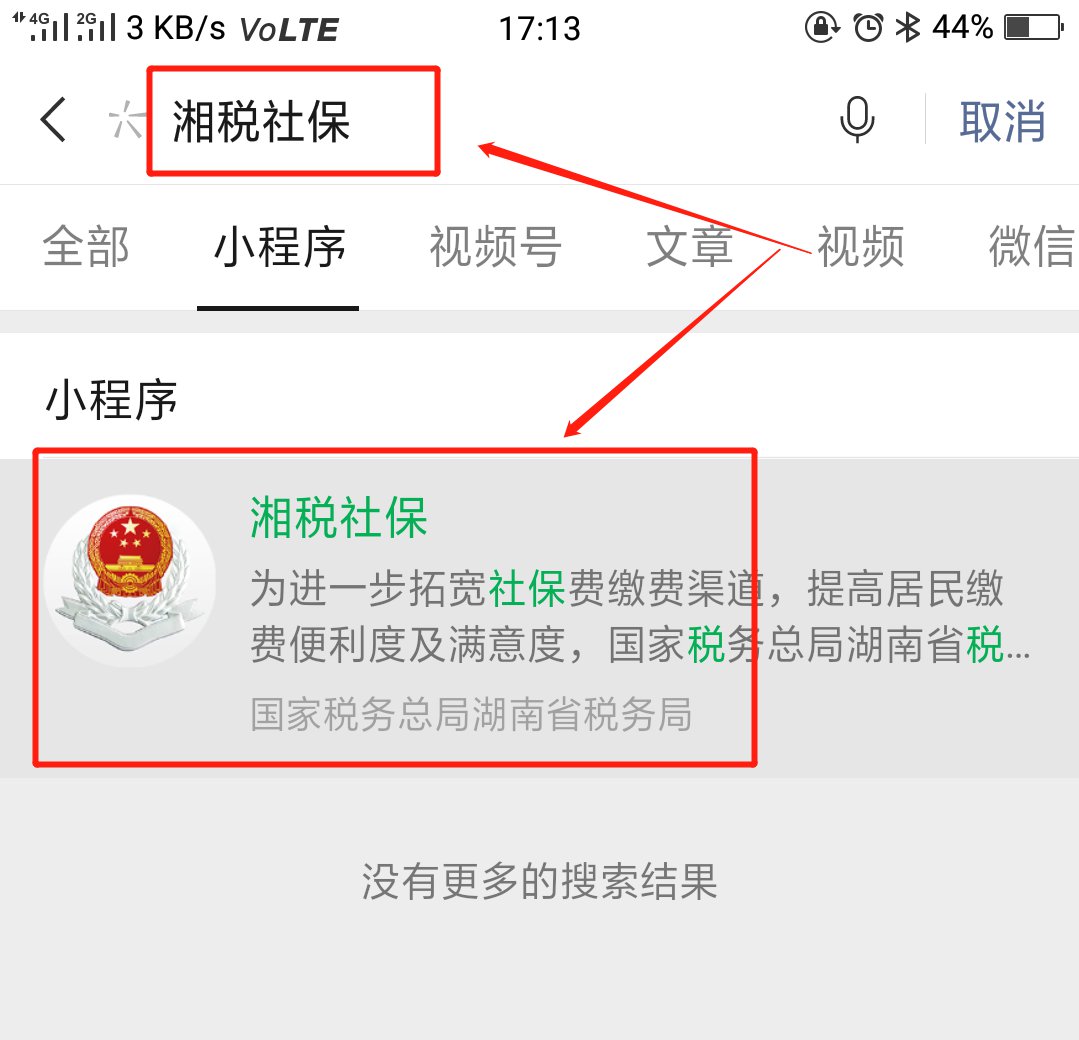 或者微信搜索"湘税社保"小程序并点击进入;详见下图所示