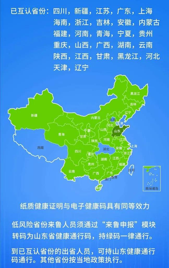 山东健康卡互认省份(截至4.2)