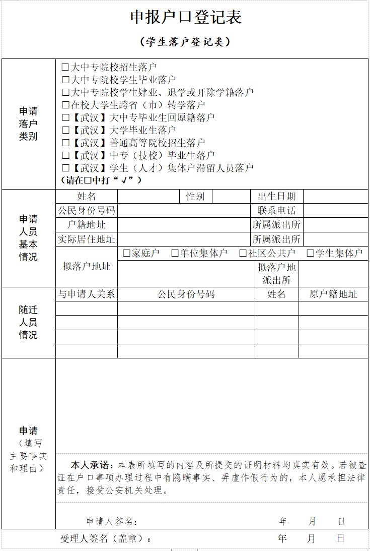 武汉大学生落户申报户口登记表下载入口